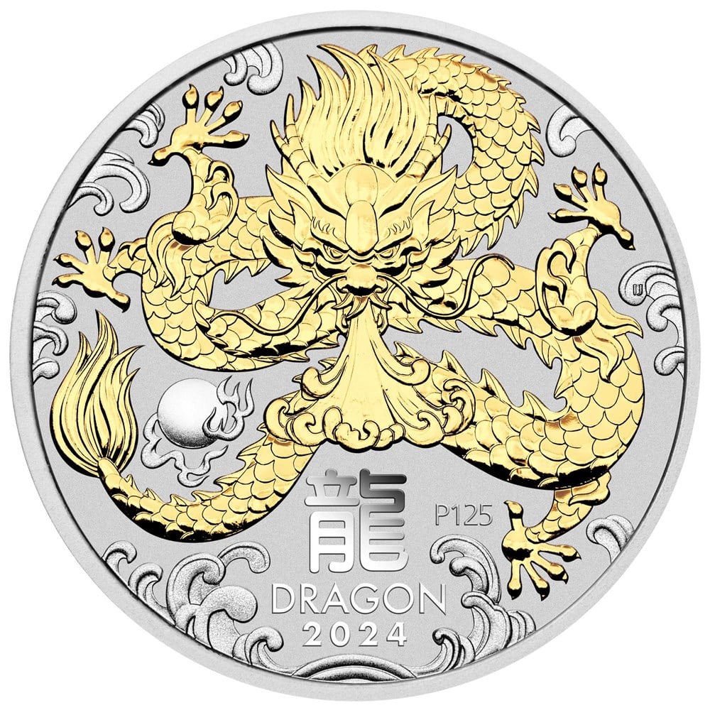 2024 Year of the Dragon 1oz Silver Gilded Proof Coin Australian