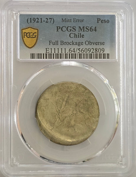 1921-27 Chile 1 Peso Full Brockage Mint Error PCGS: MS64
