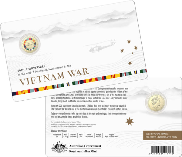 2023 End of Australia’s Involvement in the Vietnam War - 50th Anniversary $2 ‘C’ Mintmark Coloured Unc Coin