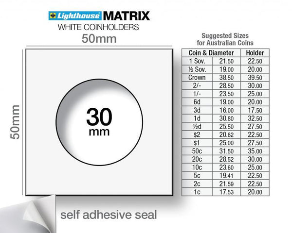 MATRIX 30mm Self-Adhesive Coin Holders 2x2 Pack of 25