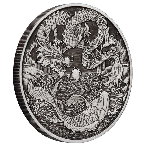 2023 Chinese Myths and Legends Dragon and Koi 1oz Silver Antiqued Coin in Card