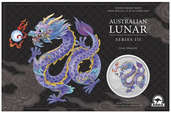 2024 Year of the Dragon 'Lilac Dragon' 1oz Silver Coloured Coin in Card - Sydney Money Expo