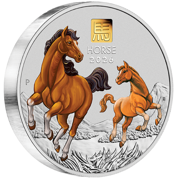 2026 Australian Lunar Series III – Year of the Horse 1 kilo Silver Coloured Coin with Gold Privy Mark