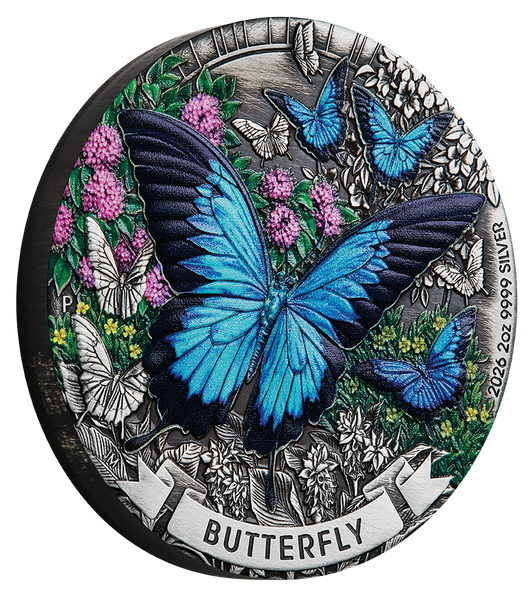 2026 Butterfly 2oz Silver Antiqued Coloured Coin