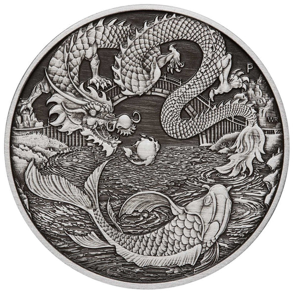 2023 Chinese Myths and Legends Dragon and Koi 1oz Silver Antiqued Coin in Card