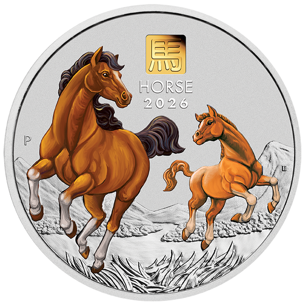 2026 Australian Lunar Series III – Year of the Horse 1 kilo Silver Coloured Coin with Gold Privy Mark