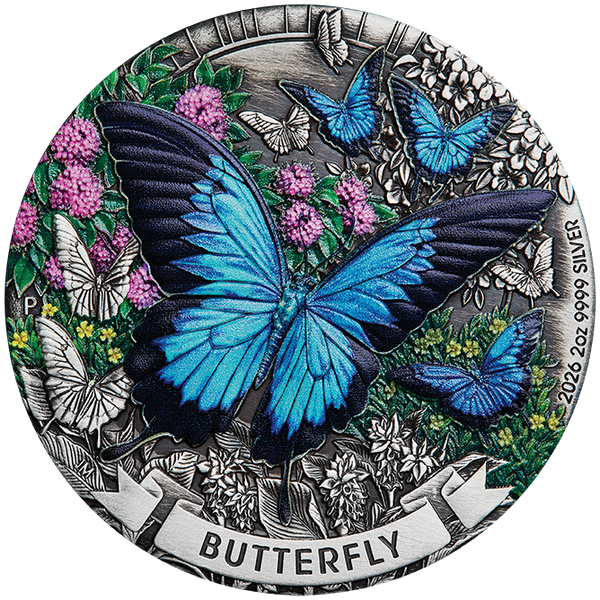 2026 Butterfly 2oz Silver Antiqued Coloured Coin