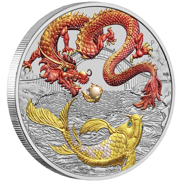 2023 Chinese Myths and Legends Red Dragon and Koi 1oz Silver Coloured Coin in Card