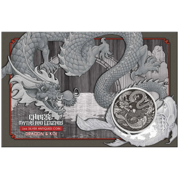 2023 Chinese Myths and Legends Dragon and Koi 1oz Silver Antiqued Coin in Card