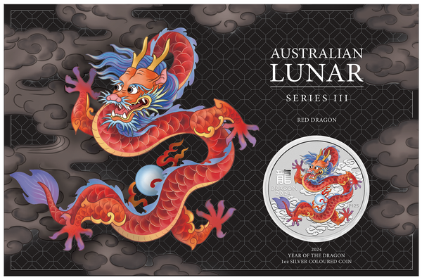 2024 Red Dragon Year of the Dragon 1oz Silver Coloured Coin in Card