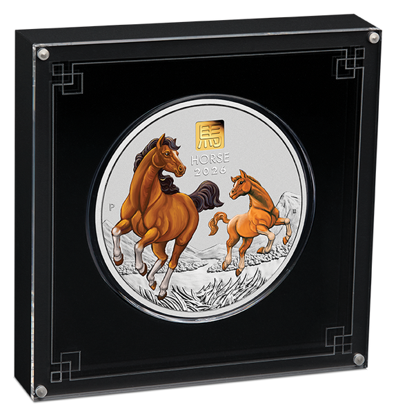 2026 Australian Lunar Series III – Year of the Horse 1 kilo Silver Coloured Coin with Gold Privy Mark