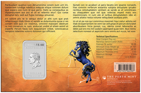 2026 Lunar Horse 1oz Silver Bullion Coloured Minted Rectangular Coin In Card