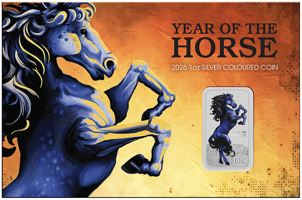 2026 Lunar Horse 1oz Silver Bullion Coloured Minted Rectangular Coin In Card