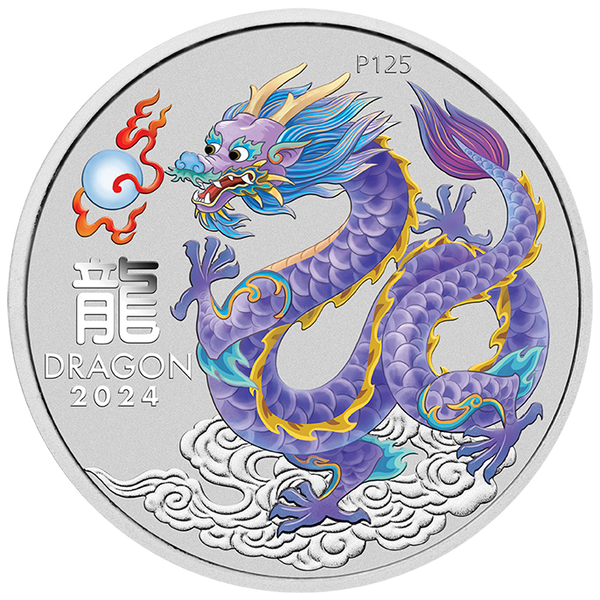 2024 Year of the Dragon 'Lilac Dragon' 1oz Silver Coloured Coin in Card - Sydney Money Expo