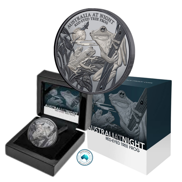 2024 Australia at Night 'Red-Eyed Tree Frog' $1 1oz Silver Black Proof Coin
