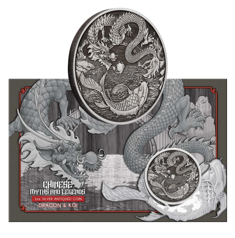 2023 Chinese Myths and Legends Dragon and Koi 1oz Silver Antiqued Coin in Card