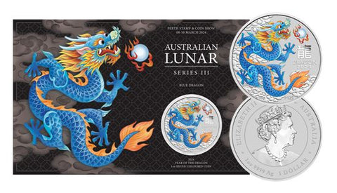 2024 Year of the Dragon 'Blue' 1oz Silver Coloured Coin in Card