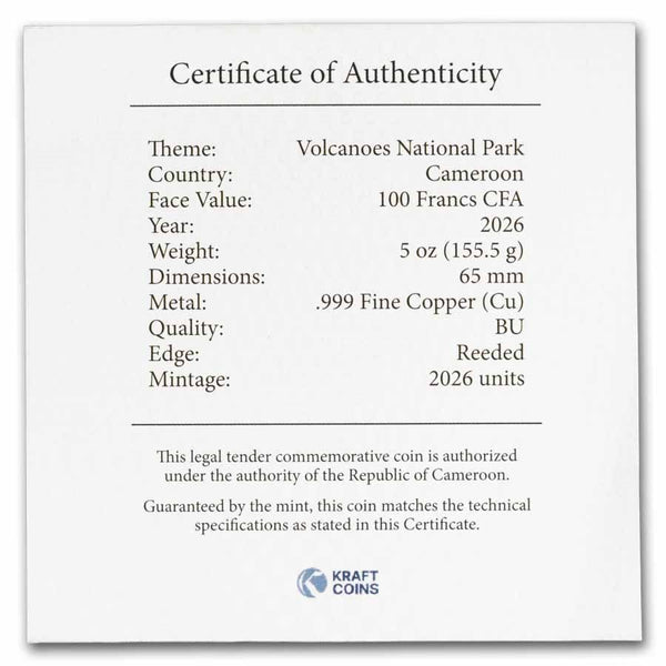 2026 Cameroon Hawai'I Volcanoes National Park 5oz Copper
