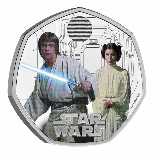 Star Wars Luke Skywalker and Princess Leia 2023 UK 50p Silver Proof Colour Coin