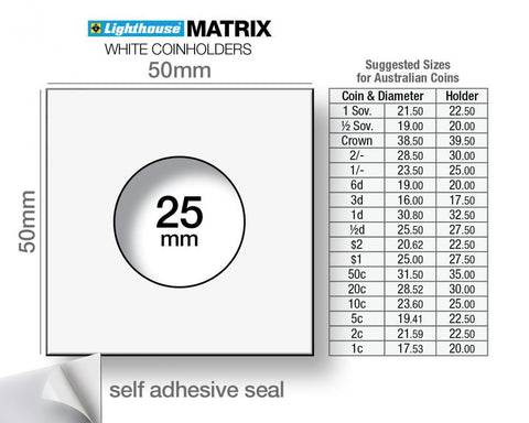MATRIX 25mm Self-Adhesive Coin Holders 2x2 Pack of 25