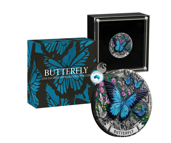 2026 Butterfly 2oz Silver Antiqued Coloured Coin