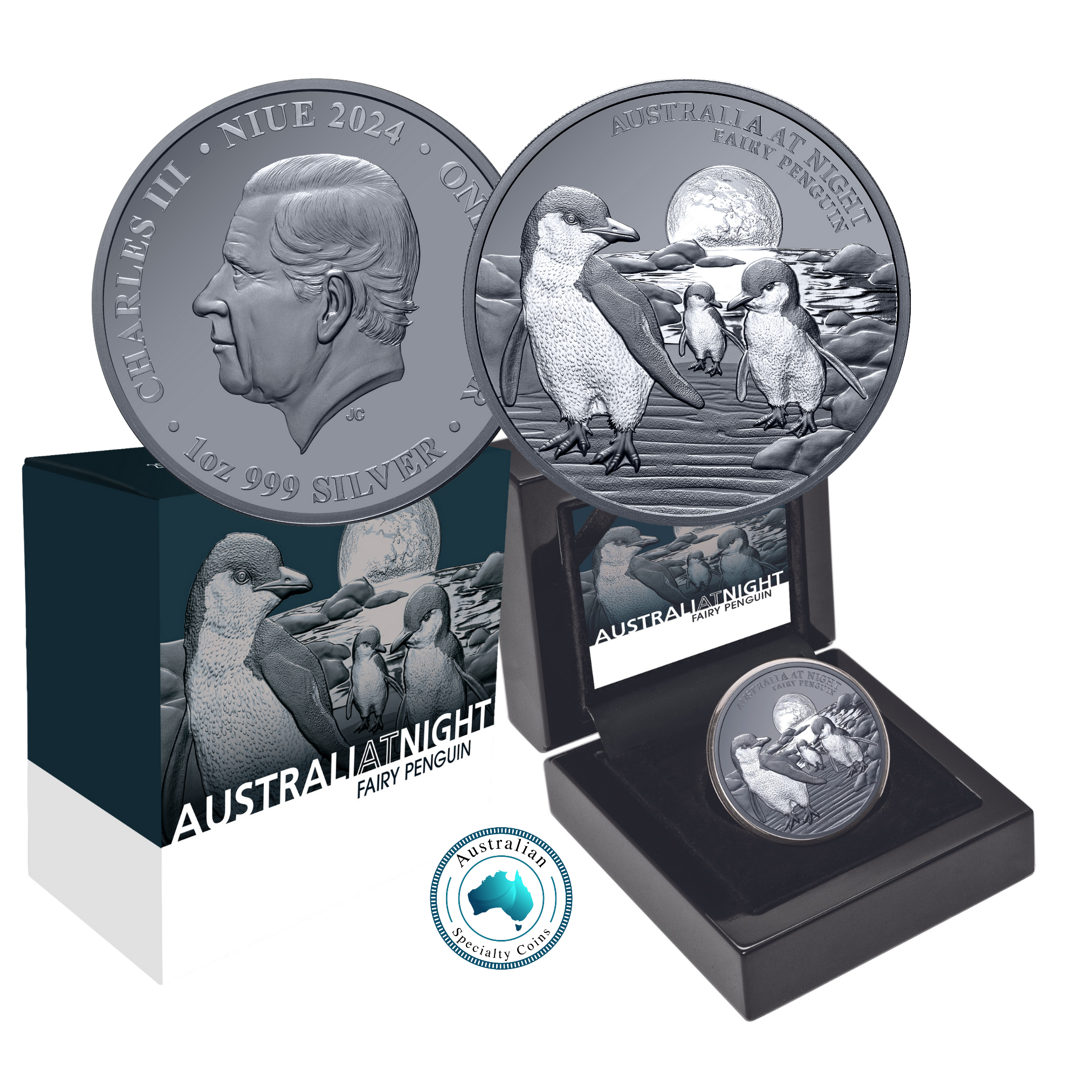 2024 Australia at Night Penguin $1 1oz Silver Black Proof Coin