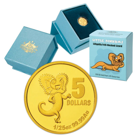 2009 Little Dinkums 'Lillypilly Frill-Necked Lizard' 1/25oz $5 Gold Proof Coin