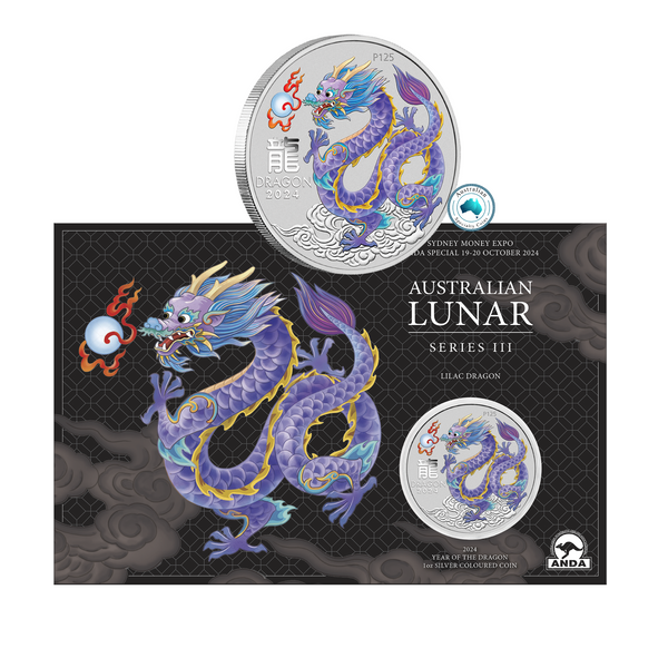 2024 Year of the Dragon 'Lilac Dragon' 1oz Silver Coloured Coin in Card - Sydney Money Expo