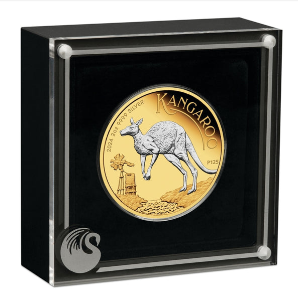 2024 Australian Kangaroo $2 Gold-plated 2oz Silver Brilliant Uncirculated Coin