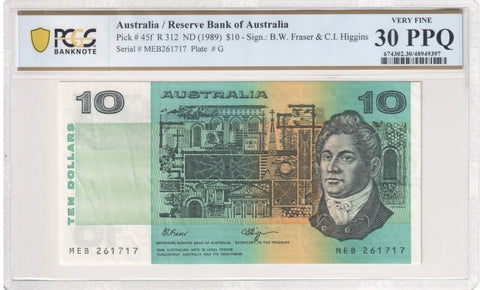 1989 Australia $10 Banknote Fraser/Higgins Very Fine 30 PPQ