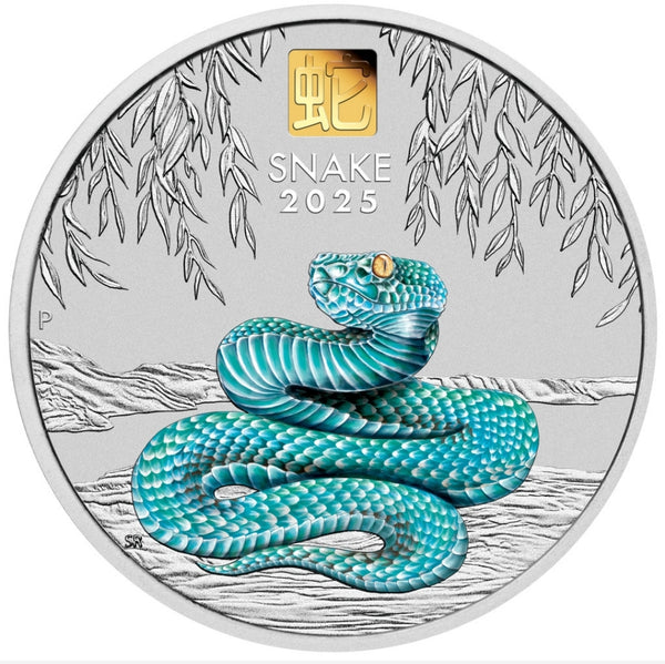 2025 Australian Lunar Series III – Year of the Snake 1 kilo Silver Coloured Coin with Gold Privy Mark