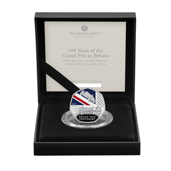 2026 British Grand Prix 2026 100 Years 50p Silver Proof Piedfort Coloured Coin