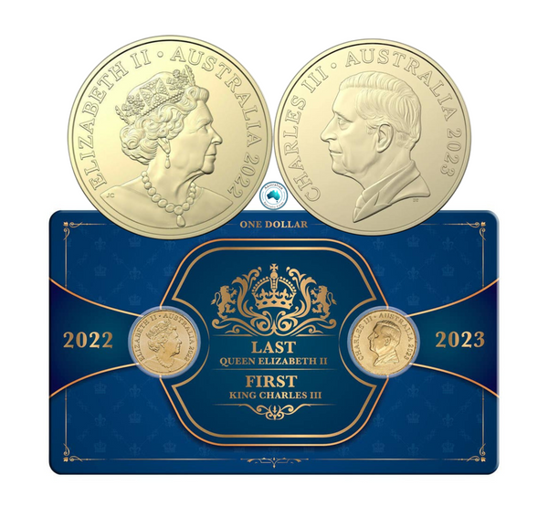 2022 Last Queen Elizabeth II $1 & 2023 First King Charles III $1 Al-Br Coin Pair