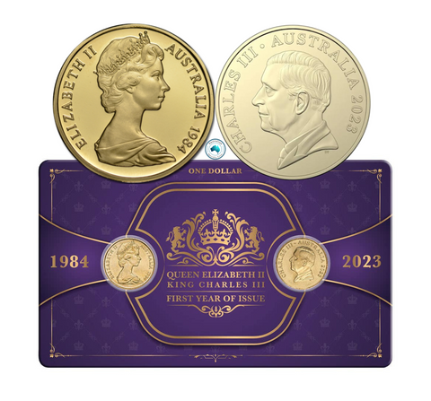 1984 First Elizabeth II $1 & 2023 First Charles III $1 Al-Br Coin Pair