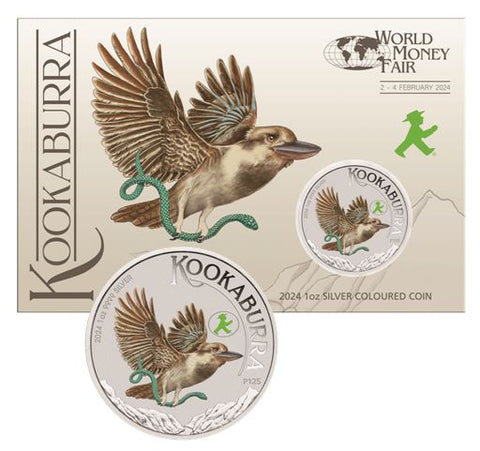 2024 World Money Fair Australian Kookaburra 1oz Silver Coloured Coin