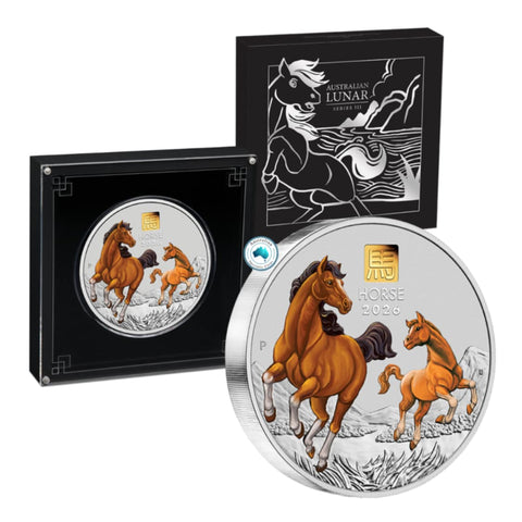 2026 Australian Lunar Series III – Year of the Horse 1 kilo Silver Coloured Coin with Gold Privy Mark