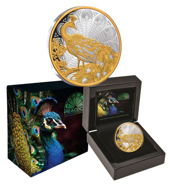 2024 Peacock $1 Gold-Plated 1oz Silver Proof Coin