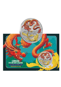 2023 Chinese Myths and Legends Red Dragon and Koi 1oz Silver Coloured Coin in Card