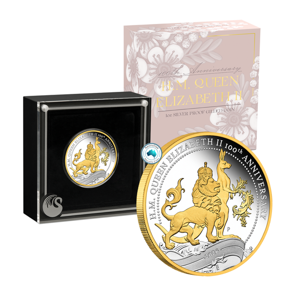 2026 Queen Elizabeth II 100th Birthday Florin 1oz Fine Silver Proof Gilded Coin