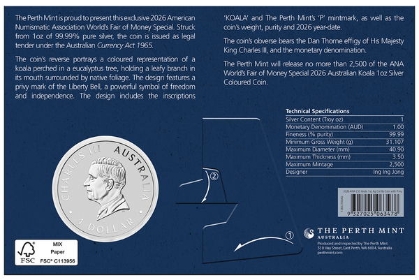 2026 ANA Coin Show Special - Australian Koala with Liberty Bell Privy 1oz Silver 
Coloured Coin