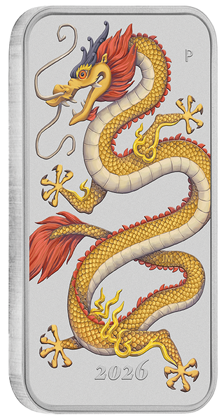 2026 Golden Dragon 1oz Silver Coloured Rectangular Coin in Card