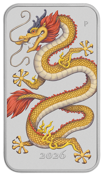 2026 Golden Dragon 1oz Silver Coloured Rectangular Coin in Card