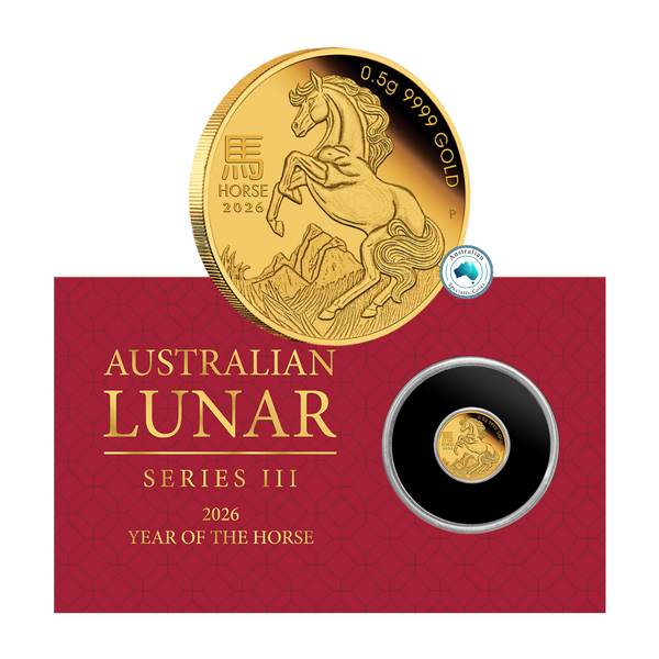 2026 Year of the Horse 0.5g Gold $2 Coin on Card