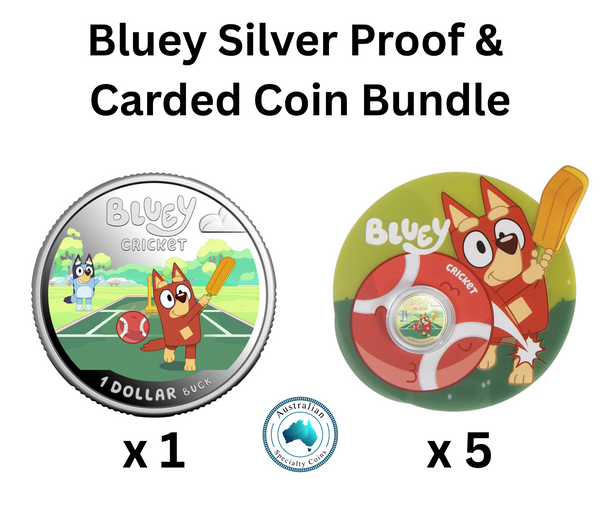 2027 Bluey Cricket $1 Silver Proof Coin and 5 x Bluey $1 Carded Coin Bundle