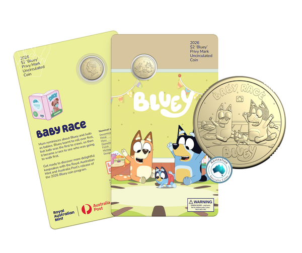 2026 Bluey 'Baby Race' $2 Coin on Card