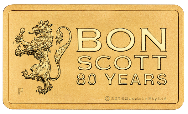 2026 Bon Scott 80th Anniversary 1g Gold Minted Bar in Certi Card
