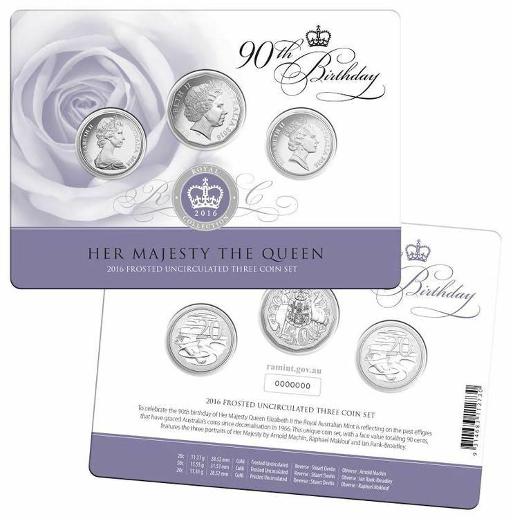 2016 Her Majesty The Queen '90th Birthday' 3-Coin Frosted Uncirculated Set