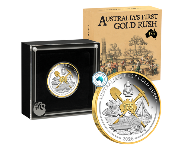 2026 Australia's First Gold Rush 175th Anniversary 1oz Fine Silver Proof Gilded Coin