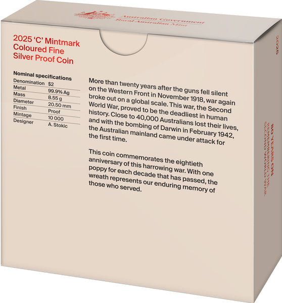 2025 Remembrance Day '80th Anniversary WWII - Poppy Wreath' $2 'C' Mintmark Silver Proof Coin