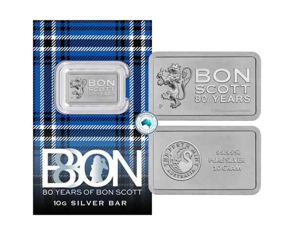 2026 Bon Scott 80th Anniversary 10g Silver Minted Bar in Certi Card